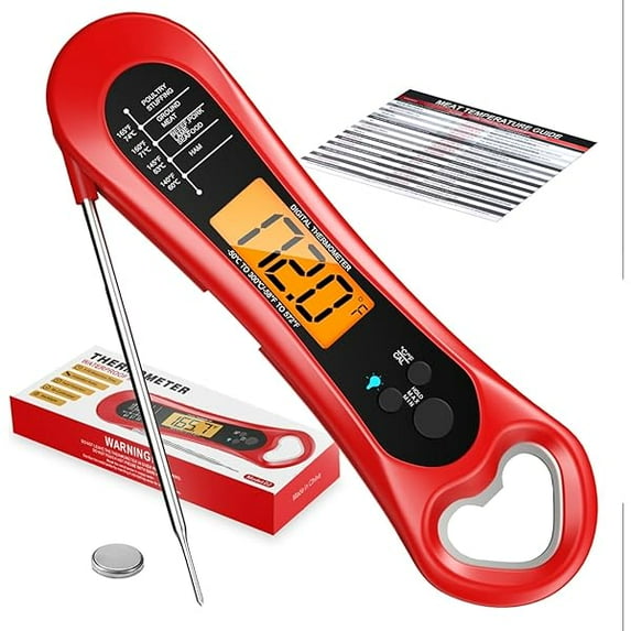 Red digital instant read meat thermometer with stainless steel probe and backlit display for cooking, grilling, and BBQ