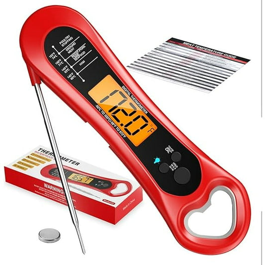 Red digital instant read meat thermometer with stainless steel probe and backlit display for cooking, grilling, and BBQ